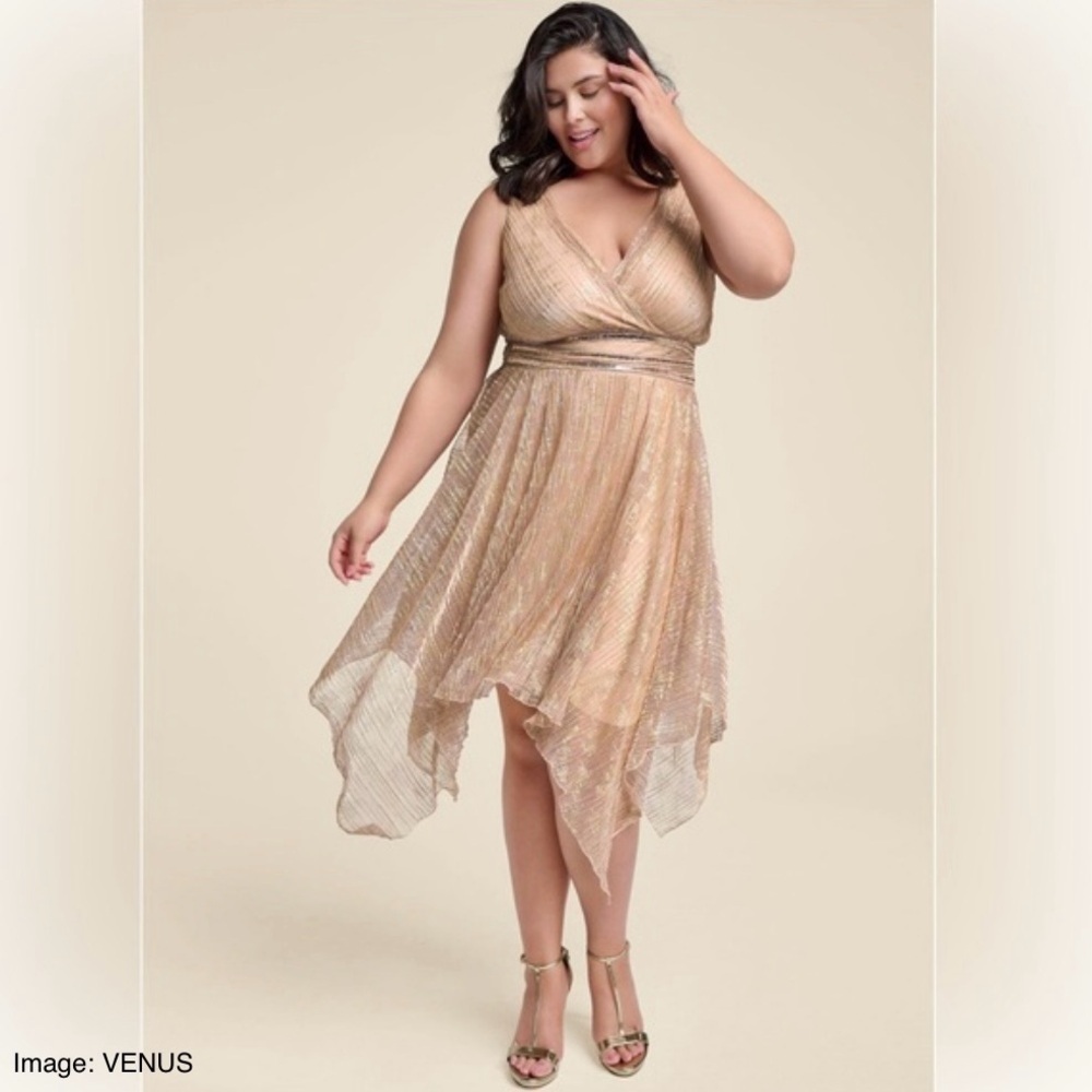 VENUS Rose Gold Hanky Hems Asymmetrical Handkerchief Hem Shimmer Dress Size 16